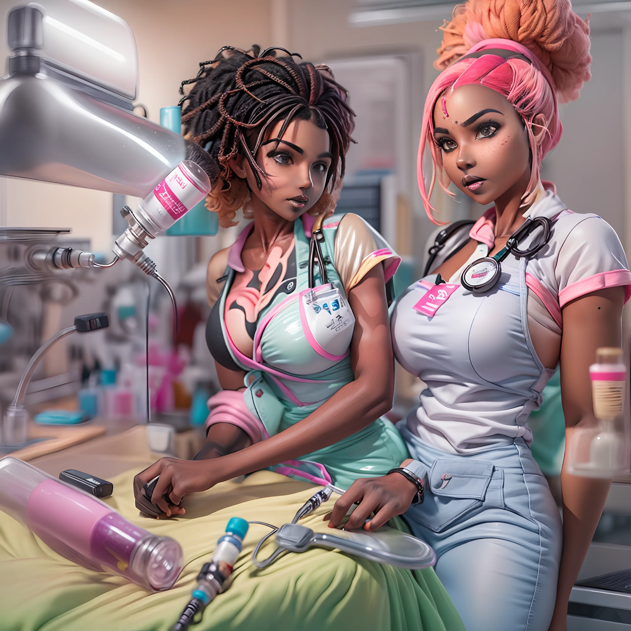 a closeup portrait of a 4girls playful nurses, undercut afro hair, sexy apron, amazing body, strong feminine features, busty, ward laboratory, [rainbow blonde | ebony | pink hair], freckles, flirting with the camera, giant injection syringe, rubber glooves, come to bed eyes, (ebony skin:1.75)