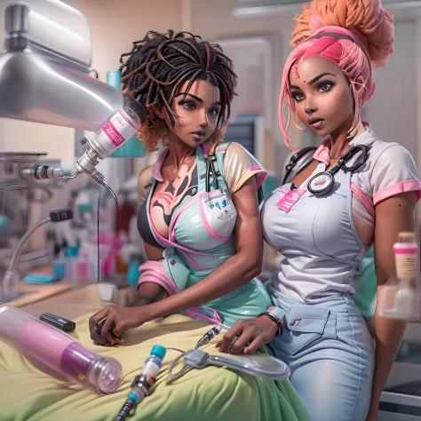 a closeup portrait of a 4girls playful nurses, undercut afro hair, sexy apron, amazing body, strong feminine features, busty, wa...