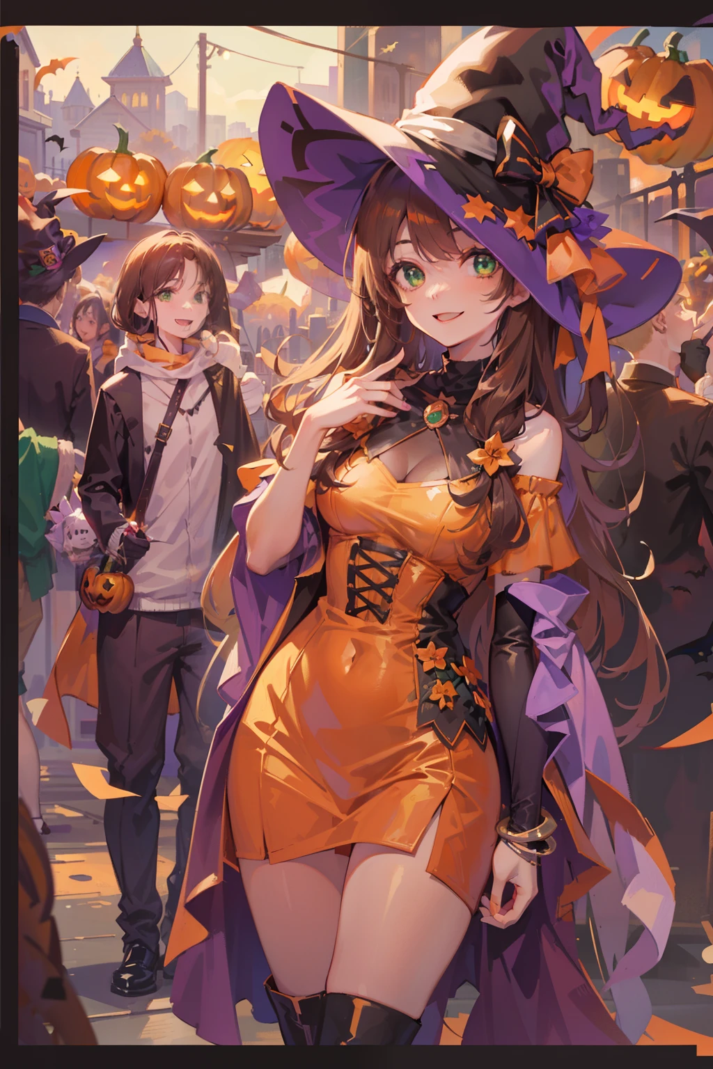 (masterpiece), (best quality), ultra high res, sharp focus, ((1 woman, solo)), (warm orange pastel color), upper body, medium long shot, MLS, in the crowds of city, autumn season, halloween season , (at the beautiful night time:1.2), beautiful detailed hair, chesnut brown hair, long hair tumbles down, ((beautiful shape eyes, green eyes)), beautiful detailed face, perfect feminine face, smiles happily, look at the viewer, (halloween witch costume:1.2), bare shoulders