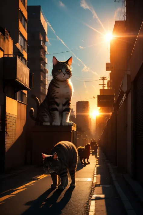 Huge cat monsters，In the city sewers，the setting sun