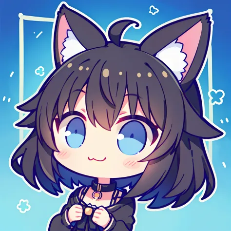 girl with、Chibi、((Best Quality, high_resolution, Distinct_image)),(Black hair), (Black cat ears), (Ahoge), (absurdly short hair), (Wavy Hair), (Blue eyes),a smile.From the face.a very cute