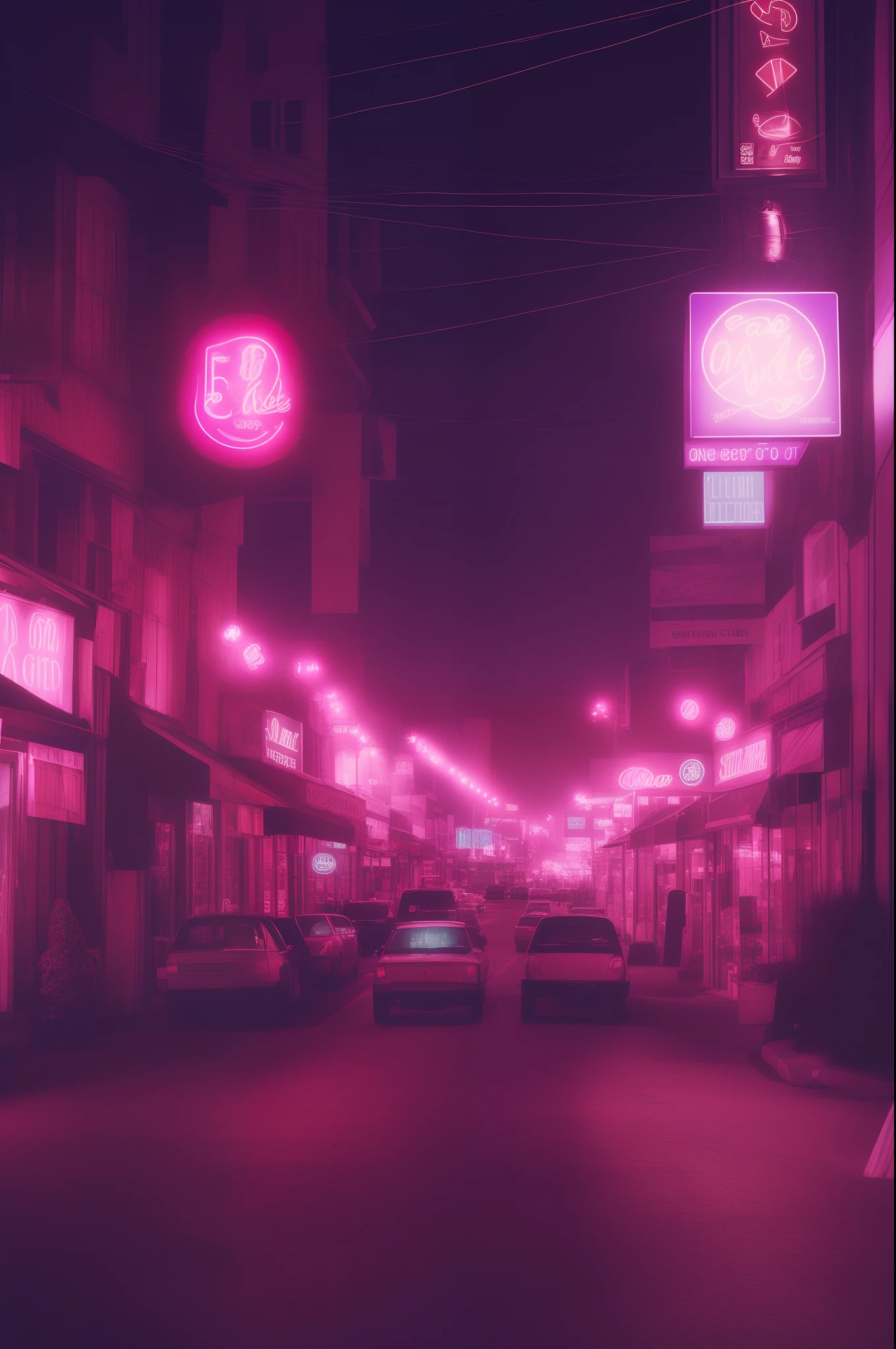 au fond de la nuit、((Dans la rue、Un seul magasin éclairé、Les lumières du magasin avec des lumières sont roses、Les lumières dans tous les magasins sauf un sont éteintes.、Lampadaires éteints、La route au premier plan、Routes courbes、route venteuse))、brumeux、La pluie、réflexion、 Atmosphère、Images de rêve、photo granuleuse、particule、, flou, Fujicolor, plan large, raccourci, grands angles, ultra grand angle, F/16, hasselblad, 1080P