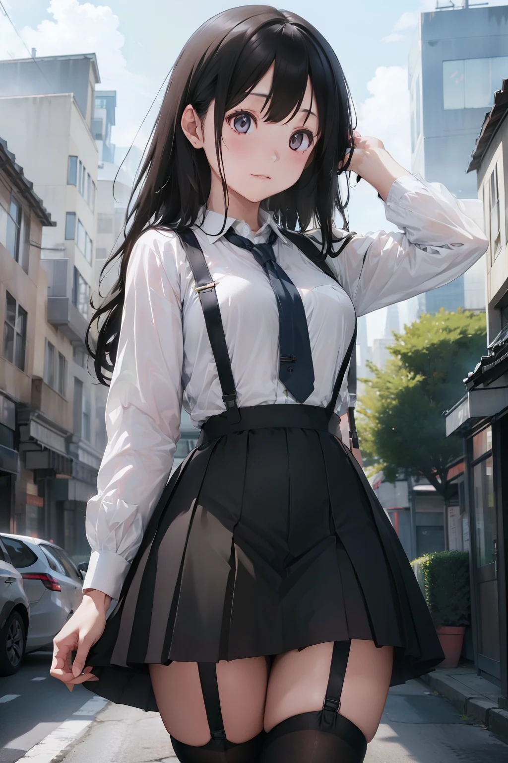 a black skirt, neck tie, white  shirt　suspenders, Long Black Hair, Gray eyes, holster, Garter belt on the legs, Moderately breasts, hands above your head, Moderate, Pichi Pichi clothes, both sides