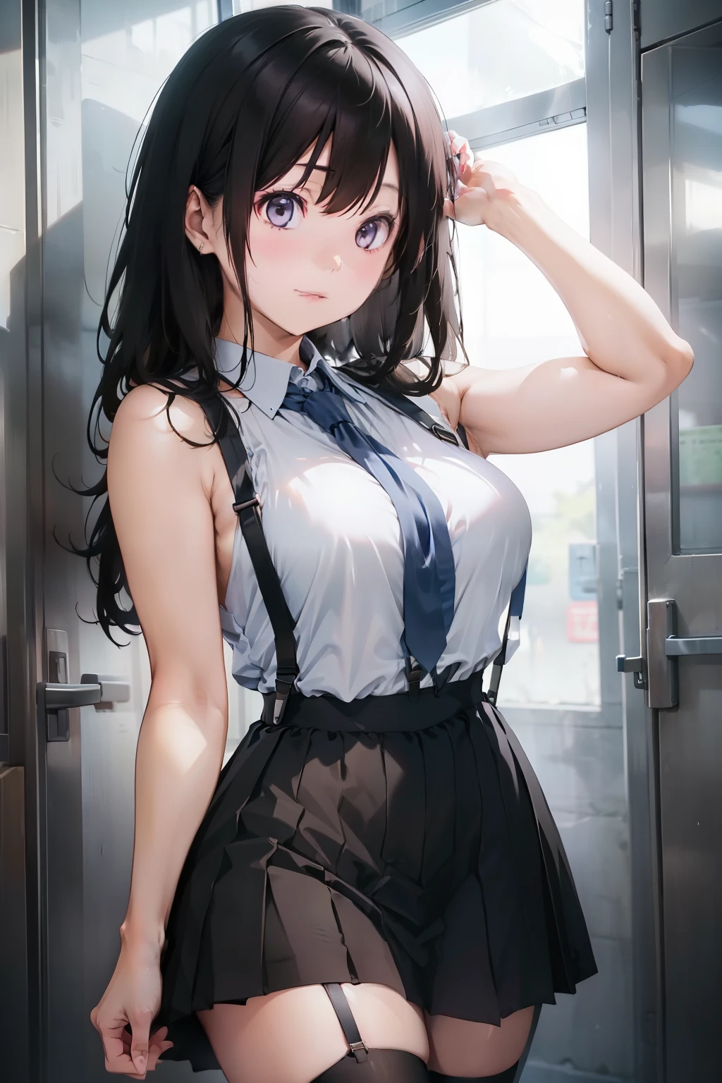 a black skirt, neck tie, Tank tops　suspenders, Long Black Hair, Gray eyes, holster, Garter belt on the legs, Moderately breasts, hands above your head, Big breasts, Pichi Pichi clothes, both sides