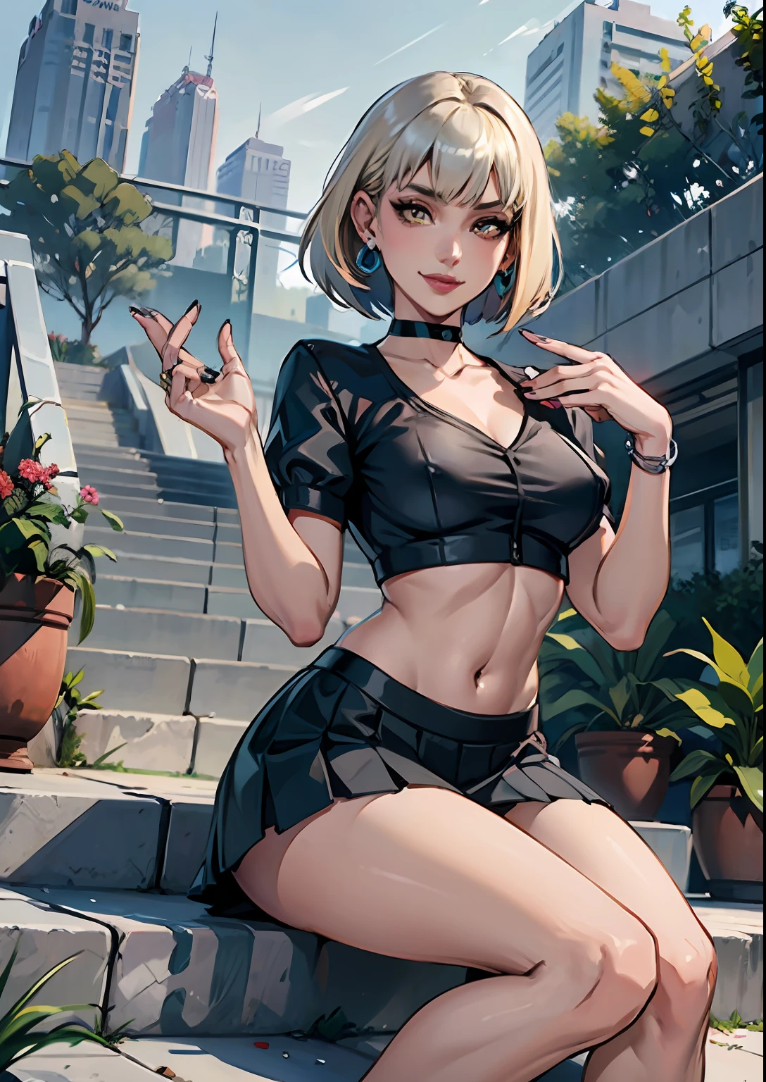 1girl, bangs, black_choker, blonde_hair, blue_skirt, bush, choker, collarbone, day, earrings, flower, jewelry, lips, looking_at_viewer, outdoors, plant, pleated_skirt, potted_plant, road,shirt, short_hair, short_sleeves, sitting, skirt, smile, solo, stairs,skimpy outfit,legs up,lewd pose,crop top(naval ring piercing)(bellybutton silver piercing)(yellow blonde hair)(blonde loose hair)(small perky boobs)