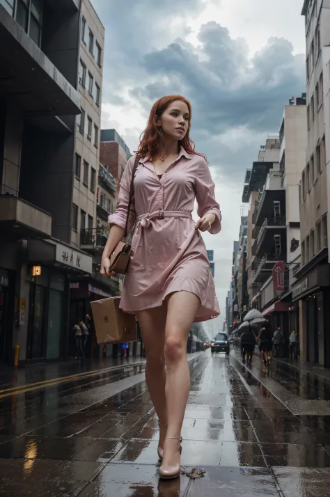 a woman in a pink dress is (walking) down the street, cloudy and rainy weather, delivering packages and boxes, escape from new y...