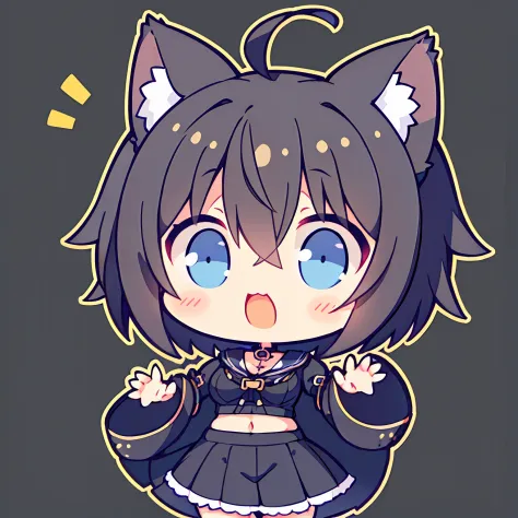girl with、Chibi、((Best Quality, high_resolution, Distinct_image)),(Black hair), (Black cat ears), (Ahoge), (absurdly short hair), (Wavy Hair), (Blue eyes),One hand is raised..From the face.a very cute、mideum breasts、