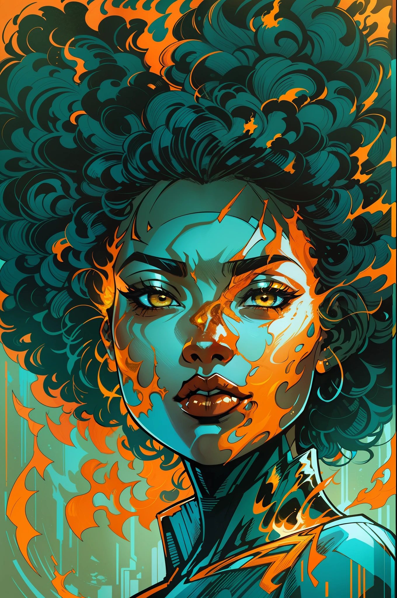 full body shoot woman with afro hair and gree eyes and a ebony face, beautiful comic art, orange fire/blue ice duality! , martin ansin artwork portrait, by Galen Dara, gorgeous art, stunning art style, martin ansin, lois van baarle and rossdraws, black and gold, fire and ice, beautiful artwork, ice and fire