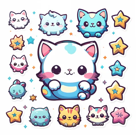 1 sticker, sticker, (cute, cat), stars, white background, no background, simple background, minimal, cute, tiny, pastel color, vector style, no gradient,