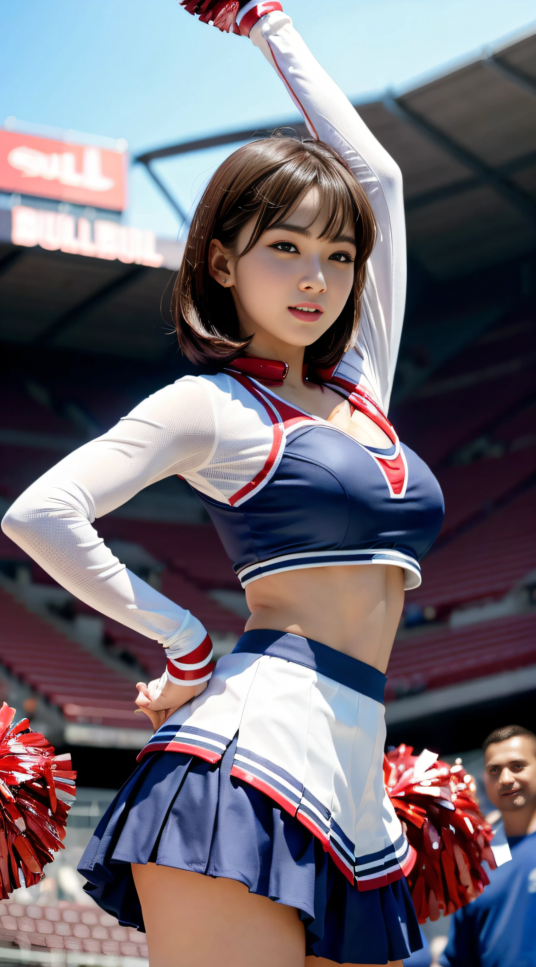 ((top-quality、8K、photographrealistic:1.4、​masterpiece))、Back lighting、highly detailed facial textures women、　A cute Japanese woman、18year old、(((Bull Cheerleader:1.2)))、((Stadium Background:1.2))、with arms up、Camera angle from below、super-detaild skin、beautiful make up、A detailed eye、A smile、open open mouth、（Big and round breasts）Glossy brown messy short hairstyle、Gravure Pose、