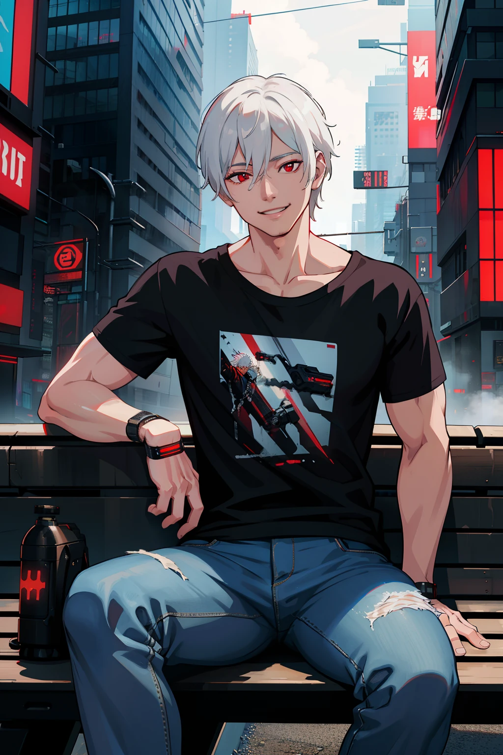 masterpiece, high quality, best quality, beautiful, hd, realistic, perfect lighting, detailed face, detailed body, 1 man, (white hair), red eyes, manly, (brutal), black t-shirt, jeans, sitting on a bench,  ((cyberpunk)), (fog), smile