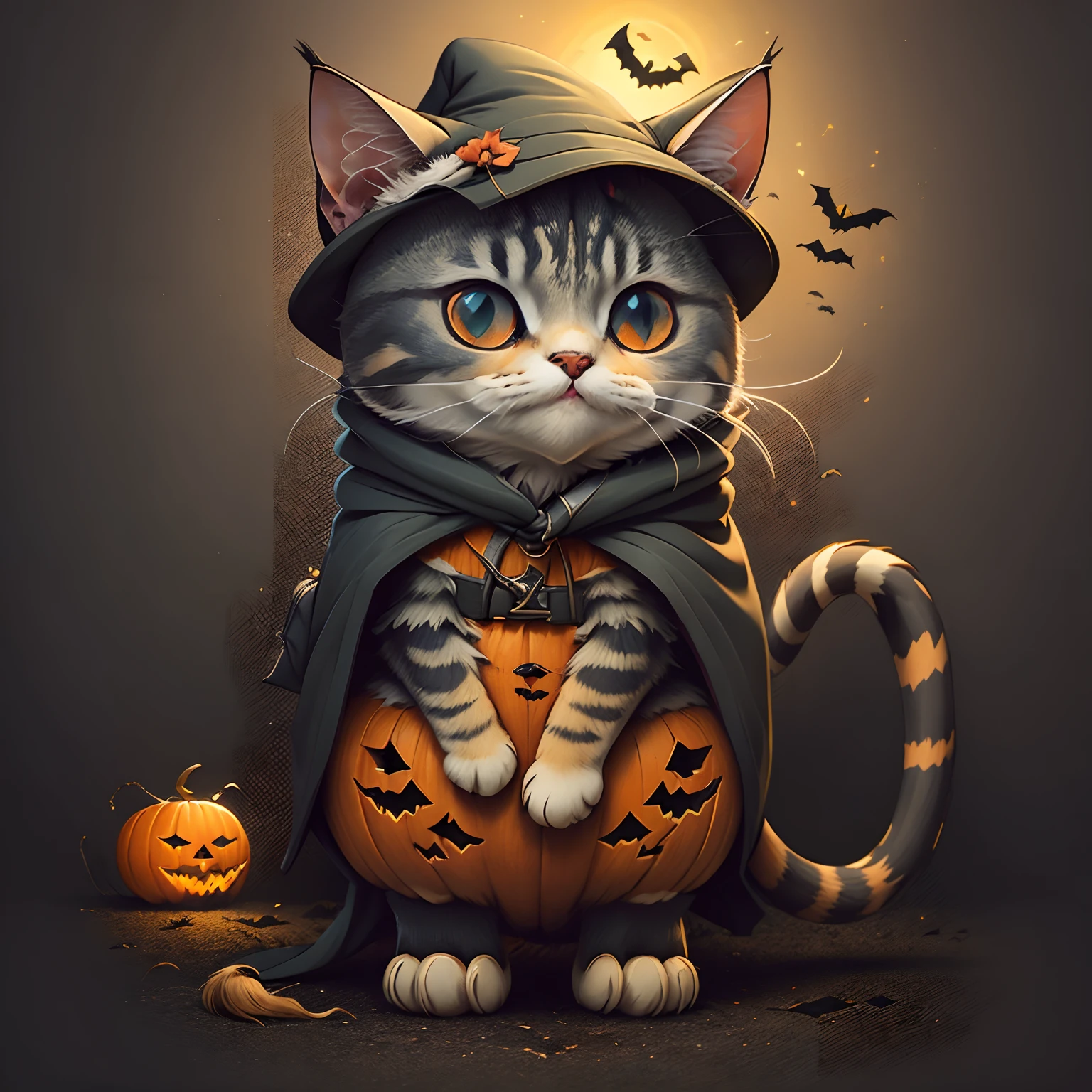 어두운 보라색 망토를 입은 마법사 옷을 입은 고양이의 귀여운 만화 스티커, 스타일 만화, 할로윈