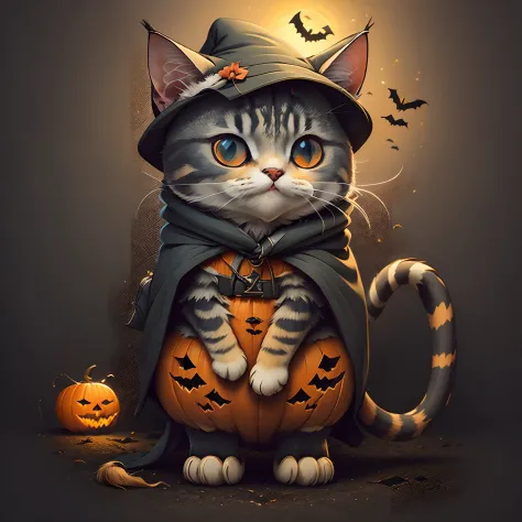 adesivo bonito dos desenhos animados de um gato vestida como um bruxo de capa roxa escura, style cartoon, Halloween