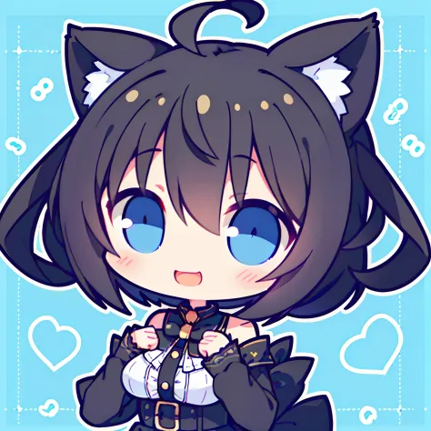 girl with、Chibi、((Best Quality, high_resolution, Distinct_image)),(Black hair), (Black cat ears), (Ahoge), (absurdly short hair), (Wavy Hair), (Blue eyes),Tremendous smile、a very cute、mideum breasts、