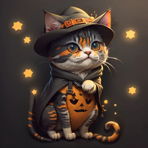 adesivo bonito dos desenhos animados de um gato vestida como um bruxo de capa roxa escura, style cartoon, Halloween