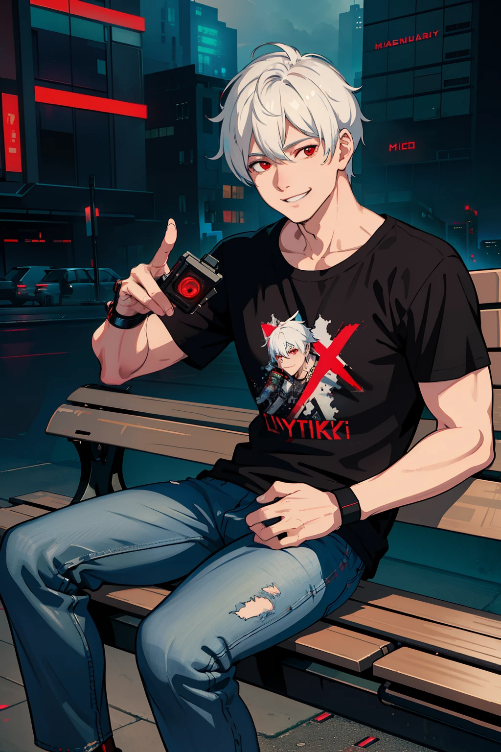 masterpiece, high quality, best quality, beautiful, hd, realistic, perfect lighting, detailed face, detailed body, 1 man, (white hair), red eyes, manly, (brutal), black t-shirt, jeans, sitting on a bench,  ((cyberpunk)), (fog), smile