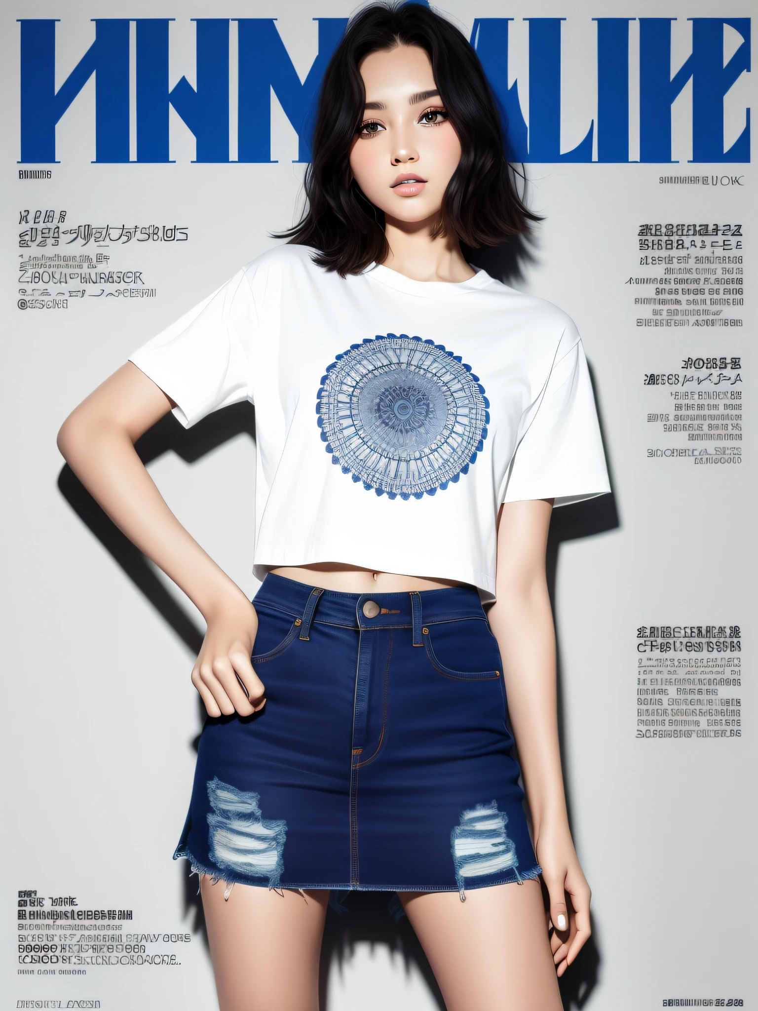 Young beautiful girl, super detailed, official art, Unity 8k wallpaper, (fashion magazine cover: 1.3), broken denim mini skirt, graphic t-shirt, combat boots mandala