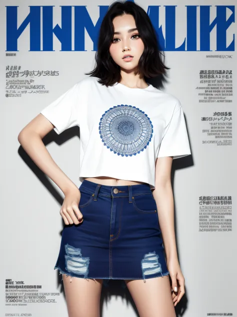 Young beautiful girl, super detailed, official art, Unity 8k wallpaper, (fashion magazine cover: 1.3), broken denim mini skirt, ...