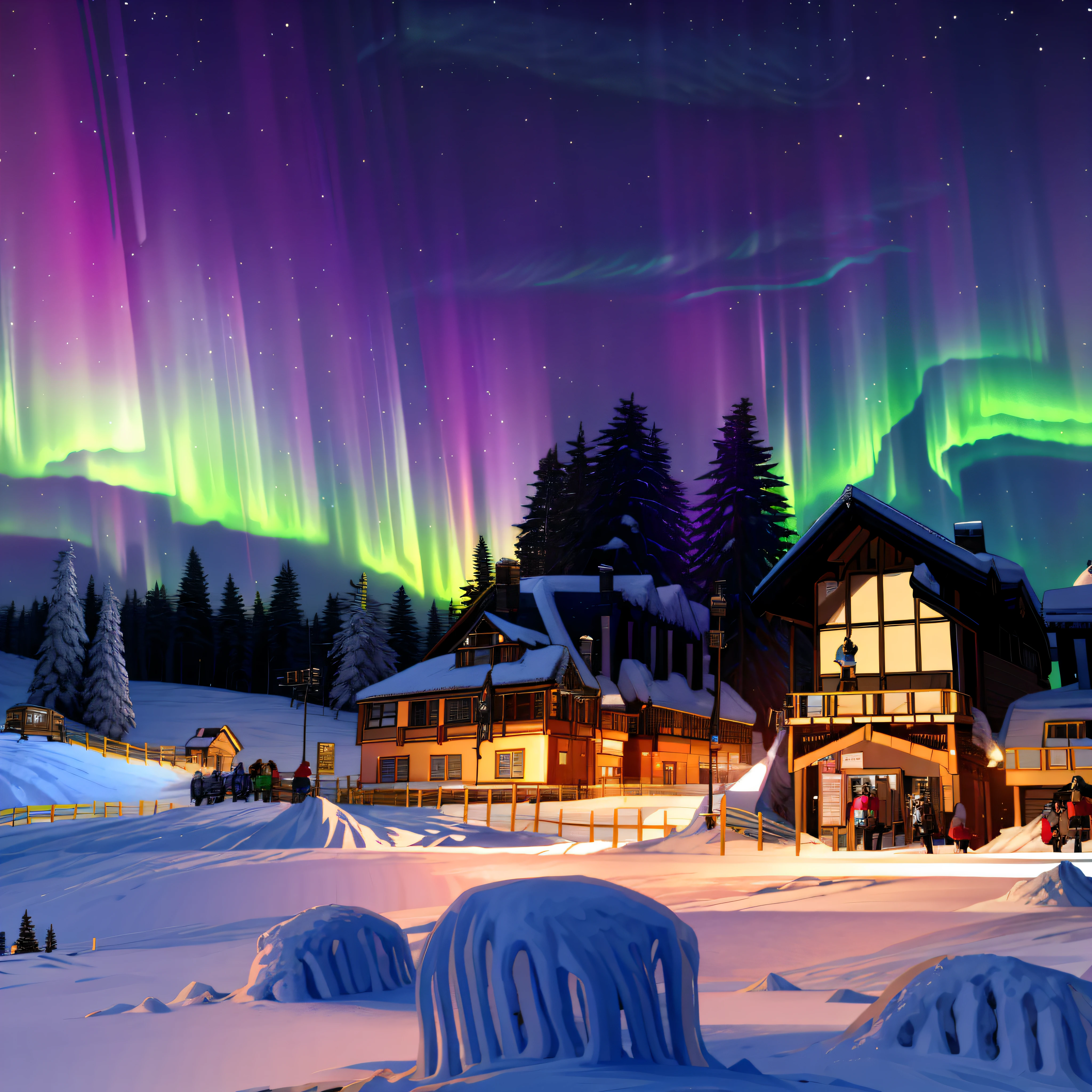 Brightly colored auroras shine in the snowy town, Psychedelic ski resort, : Psychedelic ski resort, rainbow aurora, northern lights background, Northern Lights, with aurora borealis in the sky, aurora borealis, Northern Lights on the background, northern lights background, aurora, beautiful artist rendering, Snow, winter, beautiful screenshot, Inject the Northern Lights,（超高分辨率，realisticlying，best qualtiy，realisticlying），（8K，RAW photogr，best qualtiy，A masterpice），（photon maping，Radiance，physically-based renderingt，automatic white balance）This is a surreal CG rendering of a Swiss town. Iridescent auroras illuminate the sky on the snow, The aurora is like a phoenix swooping down, Shuttle trains, snow landscape, snowflower, Light effects and countless shining stars in the sky, vray render,High detail, Realistic 8K, Surreal CG rendering,