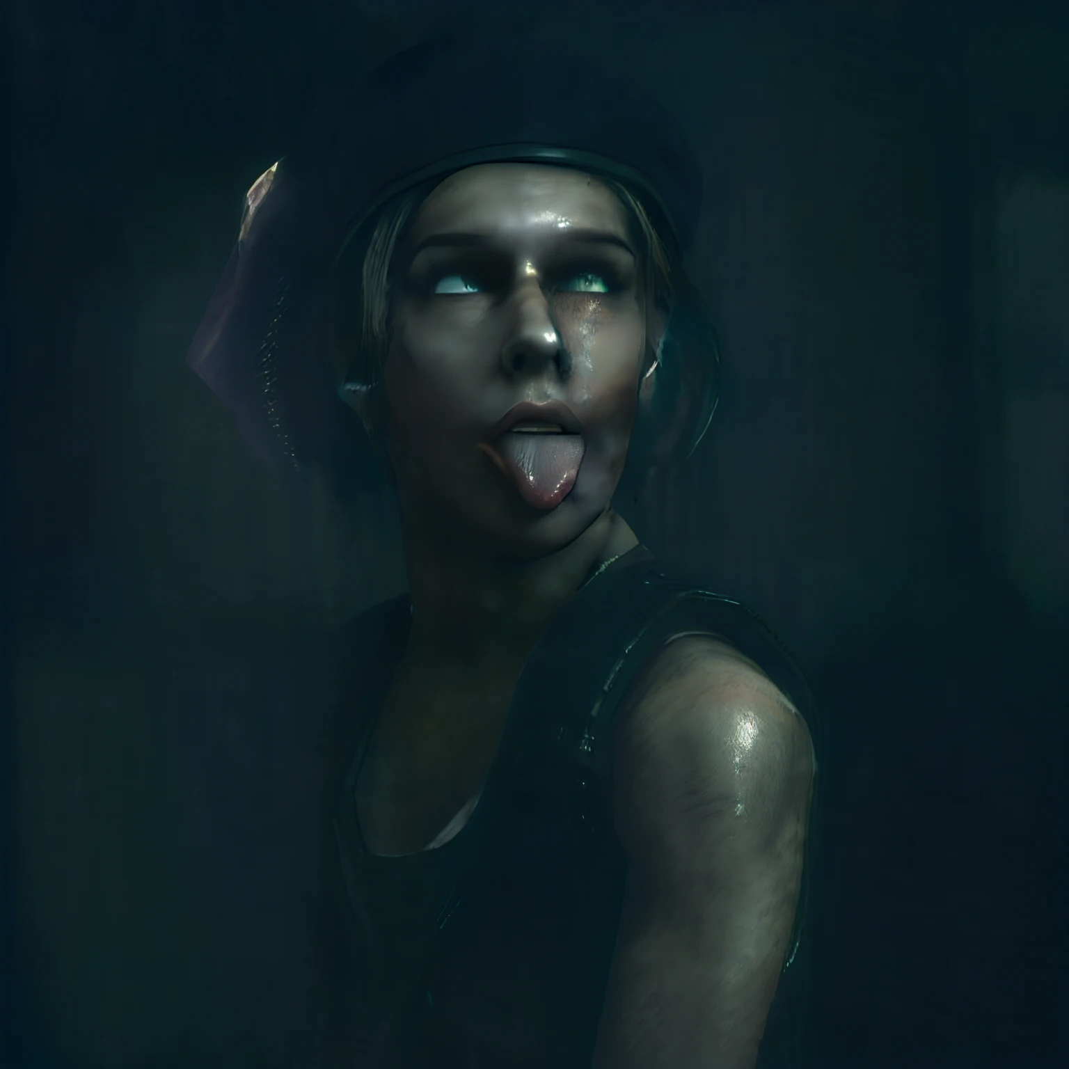 A close up of a person sticking out their tongue in a dark room - SeaArt AI