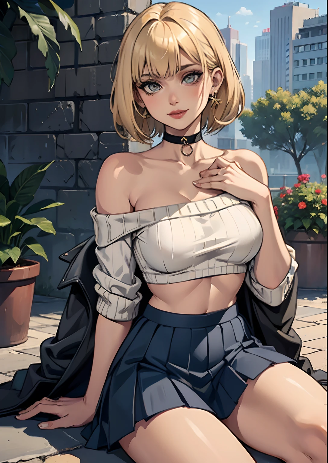 1girl, bangs, black_choker, blonde_hair, blue_skirt, bush, choker, collarbone, day, earrings, flower, jewelry, lips, looking_at_viewer, outdoors, plant, pleated_skirt, potted_plant, road,shirt, short_hair, short_sleeves, sitting, skirt, smile, solo, stairs,skimpy outfit,legs up,lewd pose,crop top(naval ring piercing)(bellybutton silver piercing)(yellow blonde hair)(blonde loose hair)(small perky boobs)(off-shoulder sweater over crop top)(sweater over top)