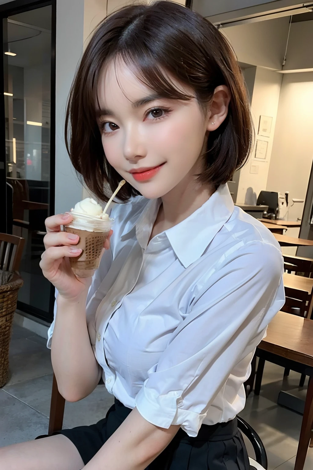 (8k, RAW photo, best quality, masterpiece: 1.2), (realistic, photo-realistic: 1.37), ultra-detailed, 1 girl, beautiful, solo, beautiful detailed sky, detailed coffee, night, sitting, (flushed nose), (smile: 1.1), medium breasts, beautiful detailed eyes, long brown hair, (collared shirt: 1.1), bow tie, pleated skirt, (short hair: 1.2), long hair, eating big ice cream,