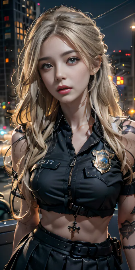 Photorealistic, high resolution, Soft light,1womanl, Solo, Hips up,Night City, (Detailed face),tattoo,ink，Police badge，Police ba...
