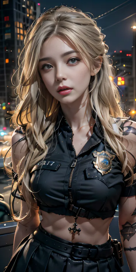 photorealistic, high resolution, soft light,1womanl, solo, hips up,night city, (detailed face),tattoo,ink，police badge，police ba...