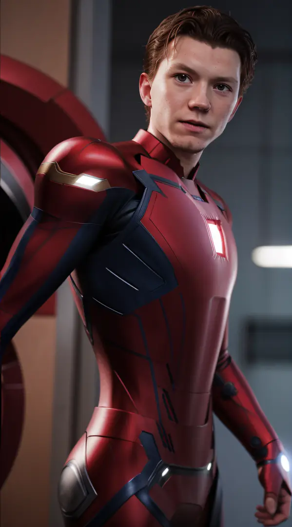 Close-up, Homem (ironman suit), (((Tom Holland perfect photo))), fotorrealista, ultra-detalhado, detalhes intrincados, super det...