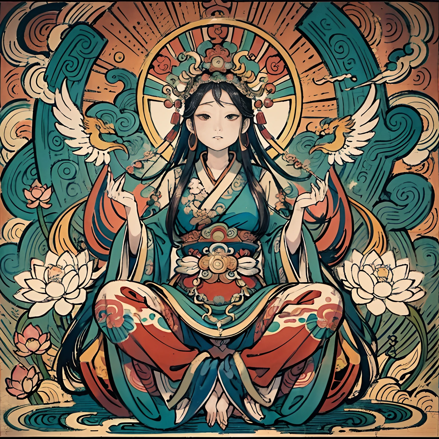 an ancient Chinese goddess, guanyin of the southern seas, Guanyin, Inspired by India, Avalokiteshvara rides a phoenix，,Serene expression,shui mo hua,Buddha,Buddhist,Lotus,Chinese painting style,Thangka style