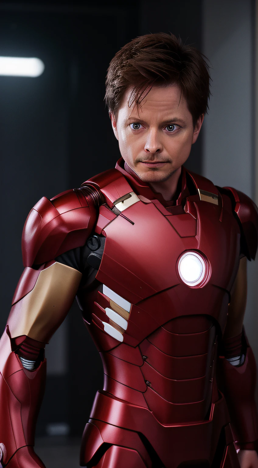 De cerca, hombre ([traje de ironman), ((((michael j fox)))), fotorrealista, ultra detallado, detalles intrincados, súper detallado, volumático, hdr, Realista, Motor irreal, 16k, enfoque nítido, octan render, de la más alta calidad, foto cruda, composición cinematográfica,