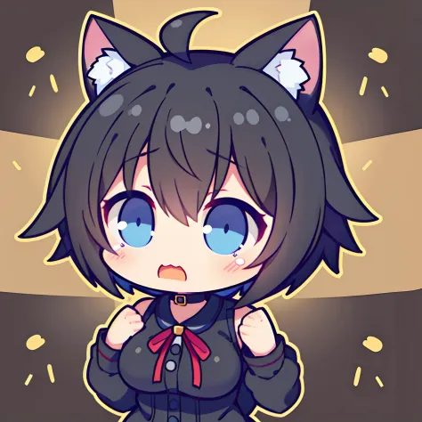 girl with、Chibi、((Best Quality, high_resolution, Distinct_image)),(Black hair), (Black cat ears), (Ahoge), (absurdly short hair), (Wavy Hair), (Blue eyes),Crying face、a very cute、mideum breasts、