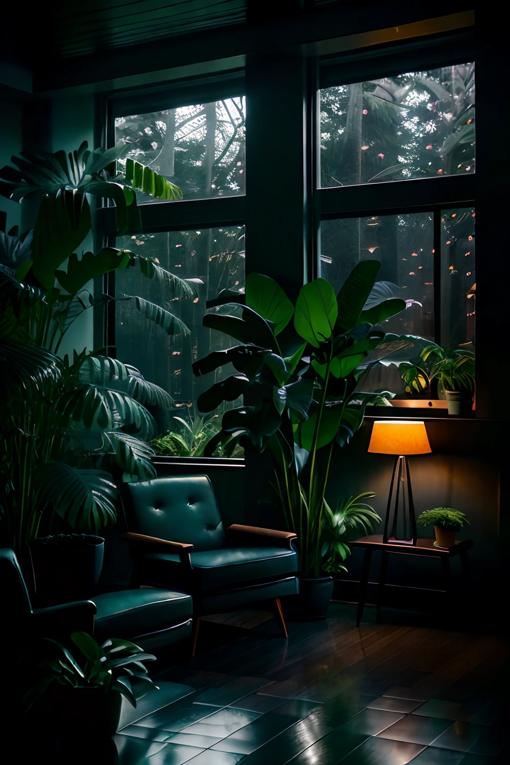 midcentury modern living room dimly lit with dark ฝนตก evening outside, (foggy ฝนตก evening:1.2), แปซิฟิกตะวันตกเฉียงเหนือ, (แสงสลัว:1.4), (แสงอารมณ์:1.2), พืช, large พืช, ฝนตก, สัตว์ประหลาด, many พืช, (หน้าต่างมีหมอก:1.2), ผลงานชิ้นเอก, คุณภาพดีที่สุด, ชั่วโมงพลบค่ำ, (ตอนกลางคืน:1.4), ฝนตก evening, หลังพระอาทิตย์ตก, ฟ้ามืด, คืนที่มืดมิด, ธีมสีเข้ม,