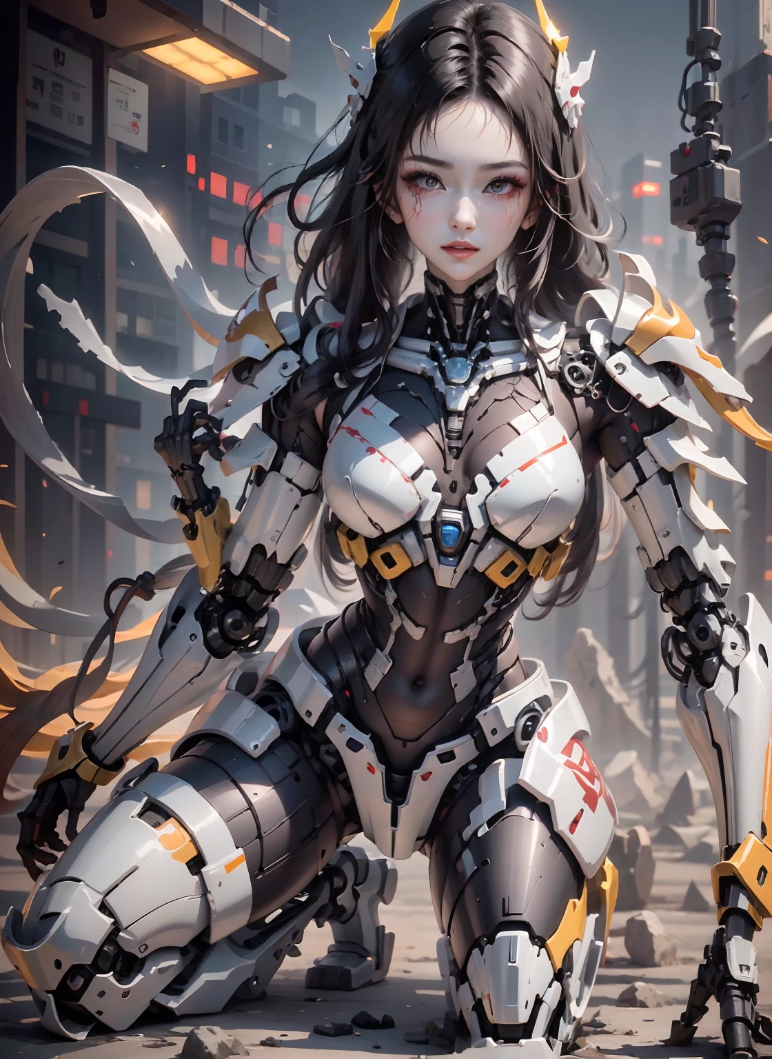 1 fille mécanique， Alita ange de combat， （（hyper réaliste détaillé））， sportrait， Illumination globale， ombrage， rendu par octane， 8k， super pointu， les métaux， complexe， Détails décoratifs， couleurs fraîches， détail égyptien， détail très complexe， lancer de rayons réaliste， Tendances de la société CGS， des yeux brillants， face à la caméra， détail de la lumière au néon， Membres mécaniques， vaisseau sanguin attaché au tube， Les vertèbres mécaniques sont fixées au dos， Les vertèbres cervicales mécaniques sont fixées au cou，  corps entieresbienne，Des fils et des câbles violets sont attachés à la tête，（chaussettes à talons），（sang rouge），（Armure jaune d’or，blanc argenté），（os clairs），Pose sexy coquette，bikini blanc，couleur rouge，Ne pointez pas trop votre menton