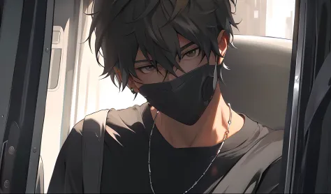 Anime boy with black hair and black mask sitting in a car, Male anime style, Guviz-style artwork, young anime man, Wearing an al...