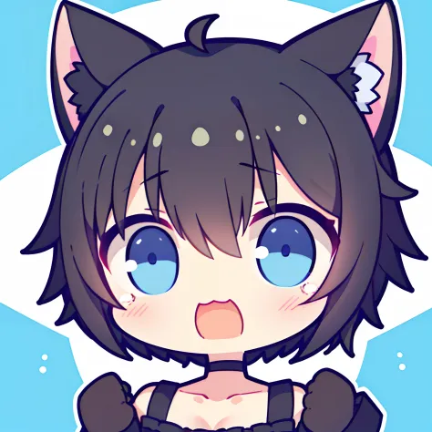 girl with、Chibi、((Best Quality, high_resolution, Distinct_image)),(Black hair), (Black cat ears), (Ahoge), (absurdly short hair), (Wavy Hair), (Blue eyes),Crying face、a very cute、mideum breasts、