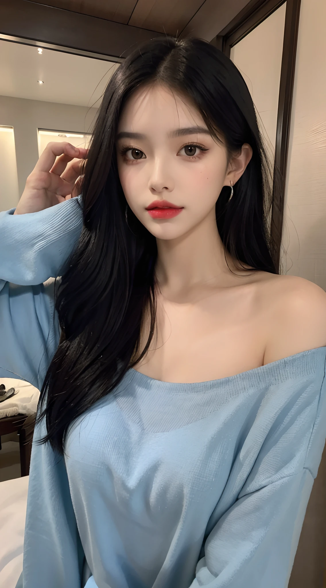 (Masterpiece), Best Quality, 8K Resolution, 3D, Close Shot, A Beautiful Girl, Dress, Perfect Body (Plump), ((Beautiful Detailed Face)), (Upper Body: 1.3), Black Hair (Messy), Delicate Makeup, Red Lips, Oil Lips, Long Eyelashes, With Silver Earrings, Bright Big Eyes, Eye Shadow, Lying Silkworm, Movie Lighting, Cute Girl, Master Works, High Detail, Colorful Picture, Light and Shadow Details, Extremely Delicate Beautiful Girl, Supple and Fair Skin, Delicate facial features, perfect face, stunning beauty, extreme details, realistic details, flying over stunning cityscapes, hoodies, blue hair, neon shooting stars, very long hair, off-the-shoulders, feather hair ornaments, neon colors, glitter, stunning night sky,