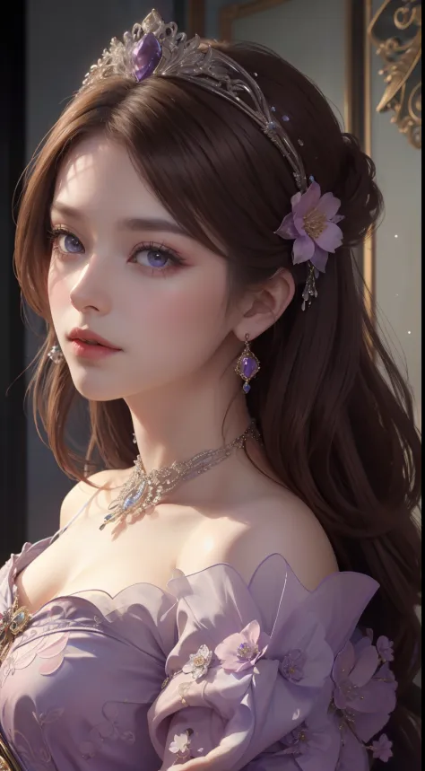 tmasterpiece，Highest image quality，Beautiful bust of a royal lady，Delicate chestnut hairstyle，The black and purple eyes are clear，Embellished with a dazzling array of intricate floral jewelry，super detailing，upscaled。