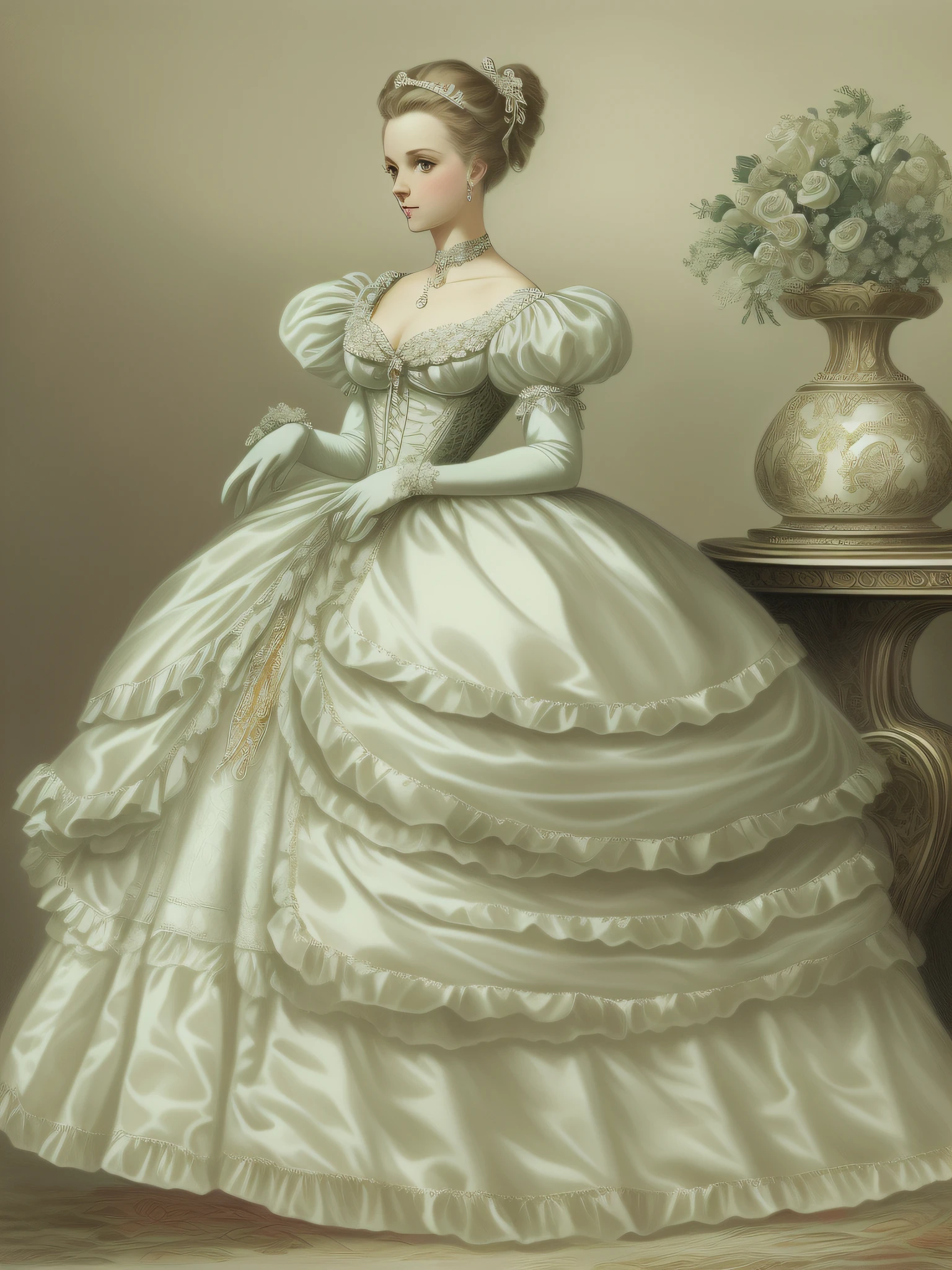 John Tenniel art, serious Greer Grammer wearing a stately and elaborate Royal Cinderella ballgown of white tulle and satin adorned with (((huge ribbon bows))), roses, lace, frills, flounces, silver embroidery, silver braid, and jewels, with (((enormous puffed sleeves))), a very stiff padded and whaleboned bodice, and a (((voluminous crinoline hoopskirt))), (((bustle))) and long train, long white gloves, pearl and diamond necklace and earrings, elaborately curled and styled hair