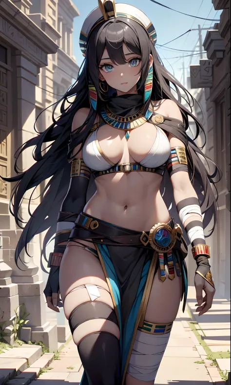 best qualityer，tmasterpiece，Ultimate resolution，downy，Extremely colorful，Colorful，Ancient Egyptian mummy beauty，Beautiful woman wrapped in bandages，Bandages all over the body，bandagens，don't have clothes，Normal posture