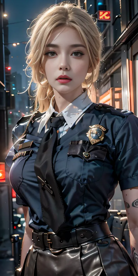 Photorealistic, high resolution, Soft light,1womanl, Solo, Hips up,Night City, (Detailed face),tattoo,ink，Police badge，Police ba...