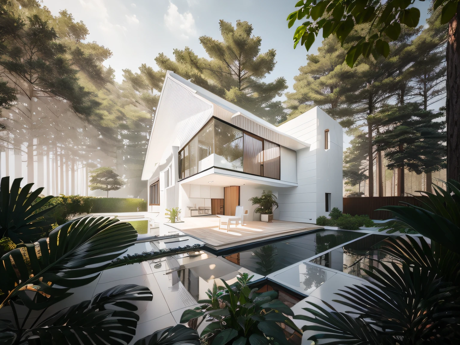 Modern house, painted white, wood plastic combination, (sunlight: 1.4), plants, large plants, surrounded by yard, wood paneling under the ceiling (xingfa aluminum windows: 1.2), masterpiece, quality best quality, morning, nice light, render vray, Good quality images, high detail