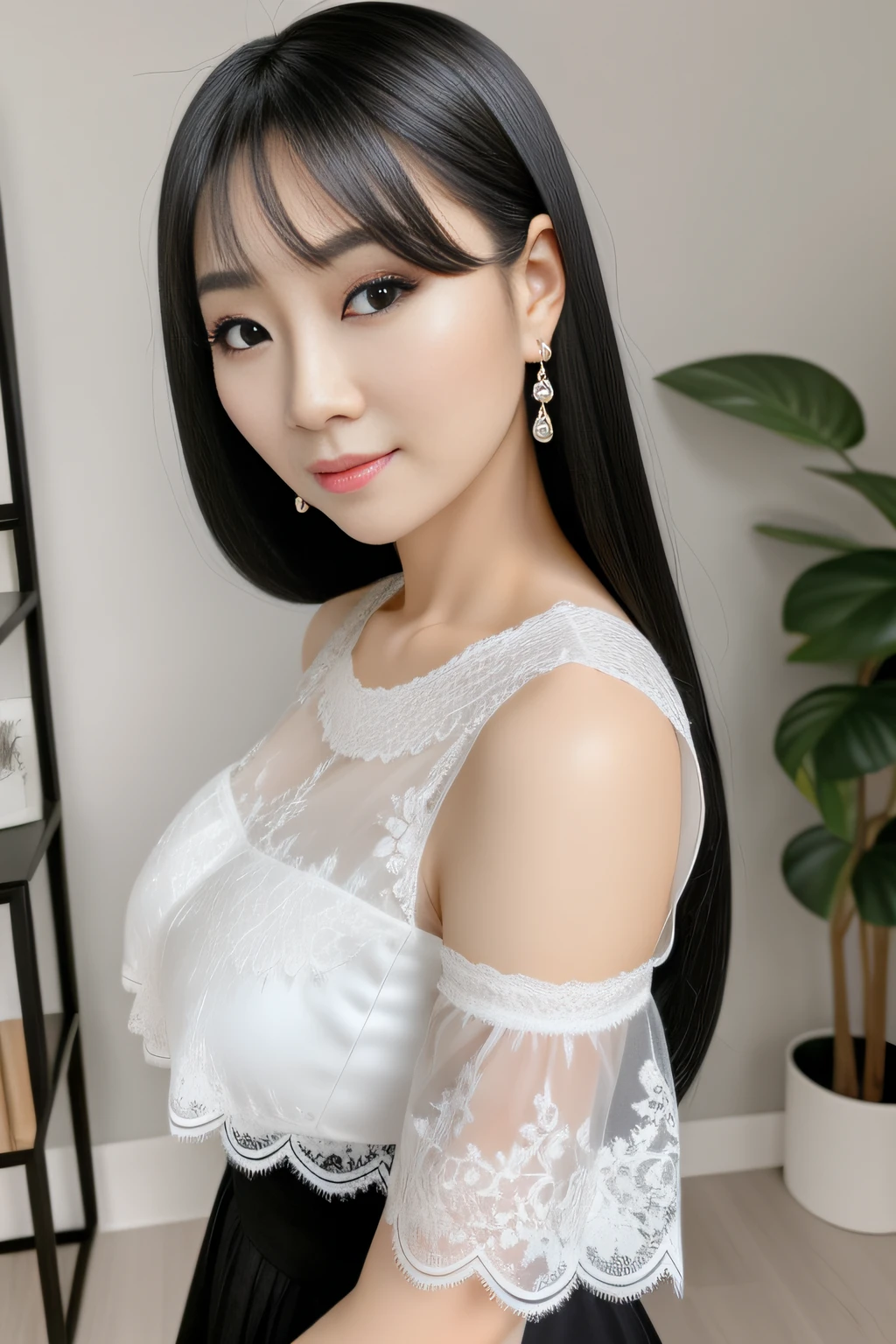 Best image quality, 35 year old all-around Asian woman wearing lace top，Black hair, Lace top-bodiced clothes, 3/4 busts，Black hair，beautiful double eyelid，Black pupils，Jet black hair, Snow-white skin， Blush, Long eyelashes