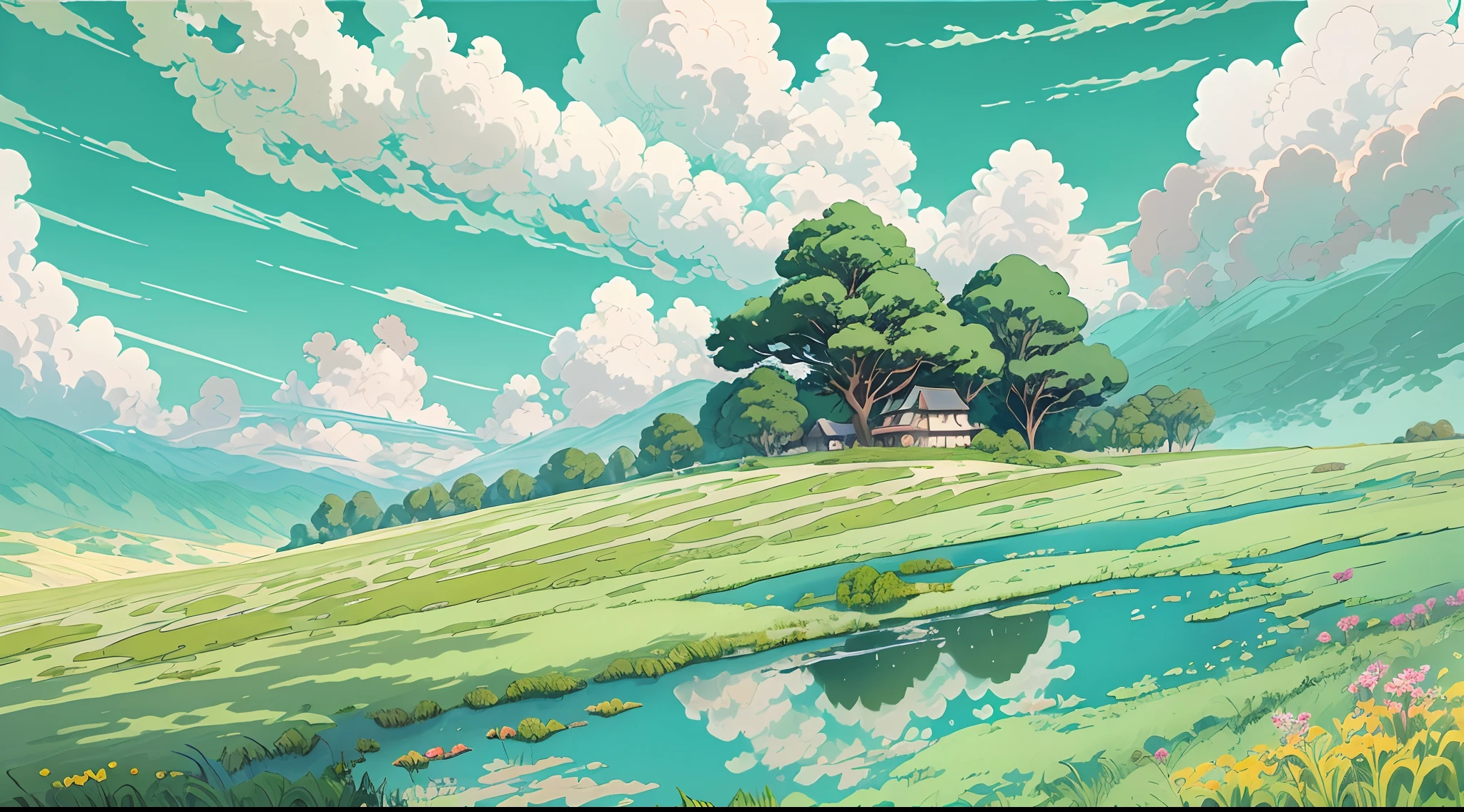 Realista, Auténtico, hermoso y sorprendente paisaje pintura al óleo Studio Ghibli Hayao Miyazaki&#39;Pastizal de pétalos con cielo azul y nubes blancas --v6