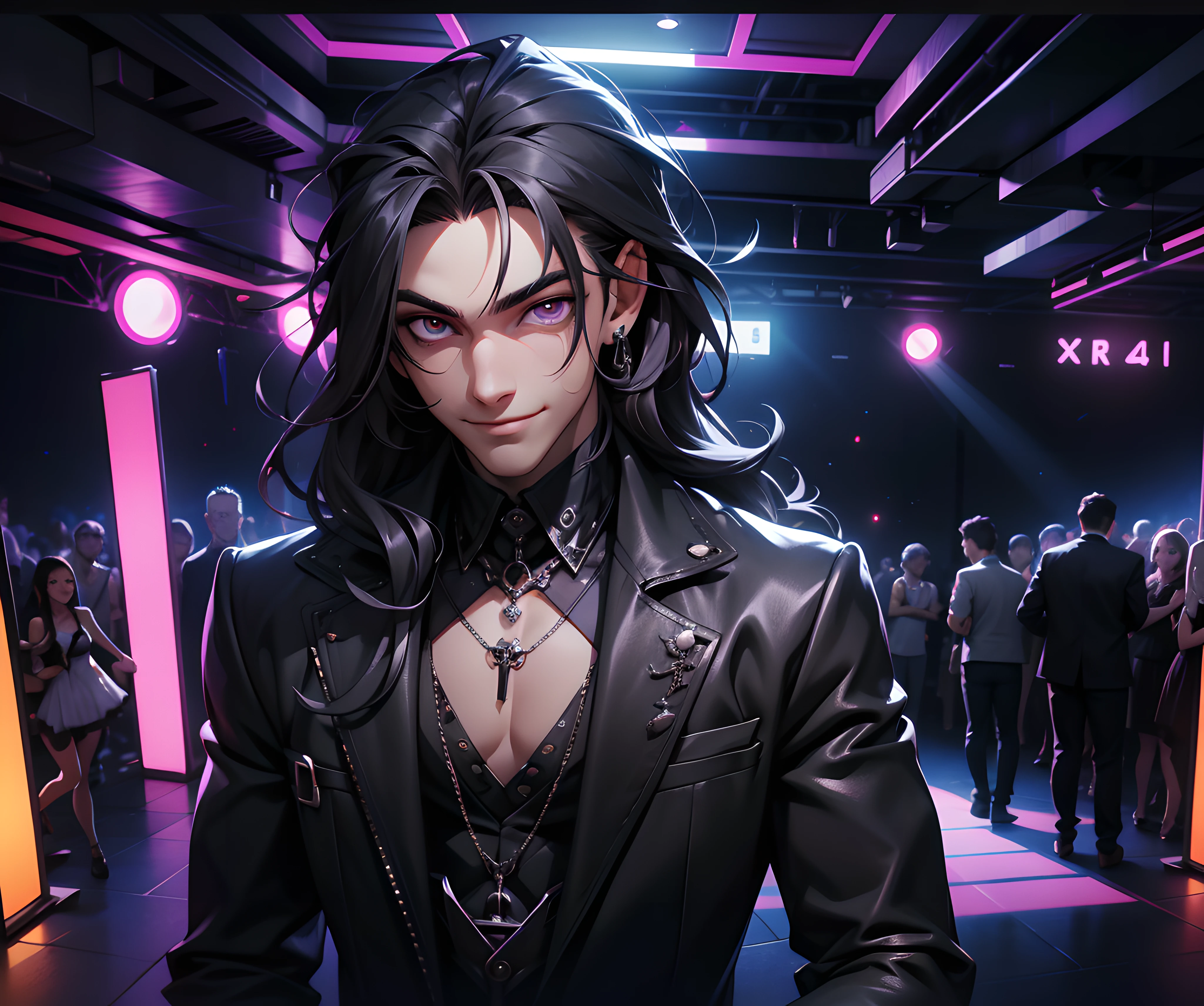 (absurdres, highres, ultra detailed), 1 male, adult, handsome, tall, long black hair, finely detailed silver eyes and detailed face, gothic clubwear, smile, indoor, nightclub, laser projectors, 8k resolution