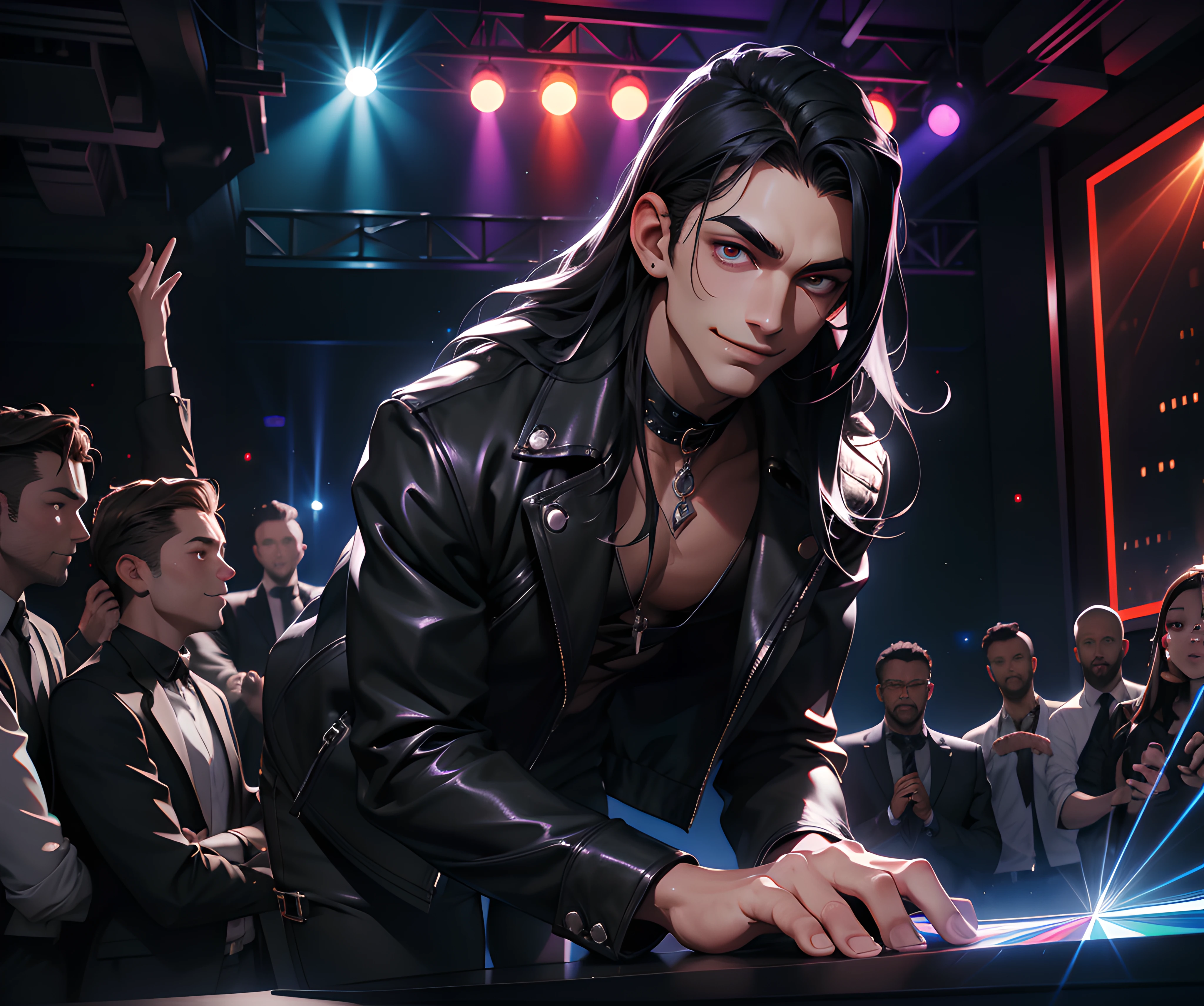 (absurdres, highres, ultra detailed), 1 male, adult, handsome, tall, long black hair, finely detailed silver eyes and detailed face, gothic clubwear, smile, indoor, nightclub, laser projectors, 8k resolution