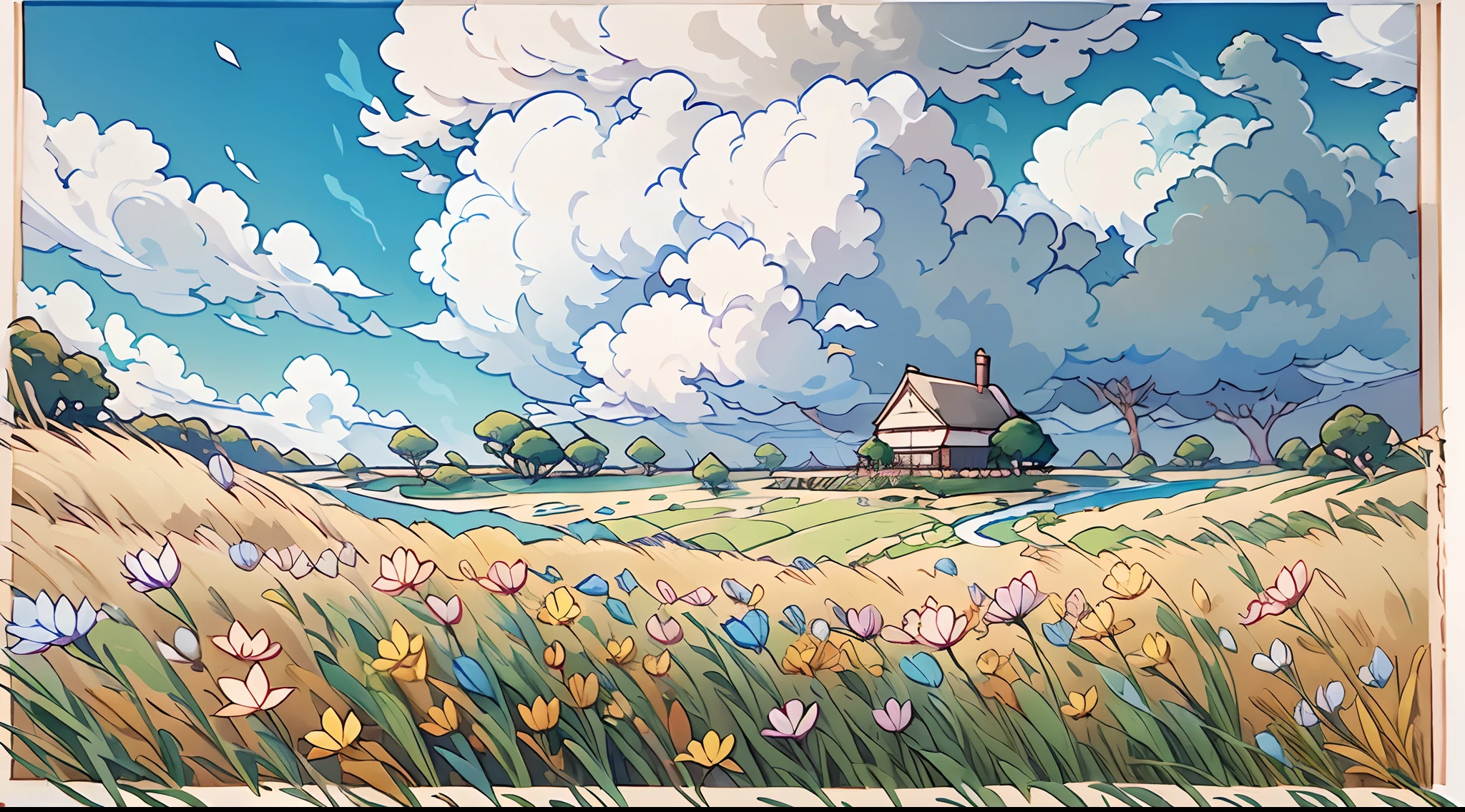 Realista, Auténtico, hermoso y sorprendente paisaje pintura al óleo Studio Ghibli Hayao Miyazaki&#39;Pastizal de pétalos con cielo azul y nubes blancas --v6