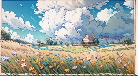 Realistic, authentic, beautiful and amazing landscape oil painting Studio Ghibli Hayao Miyazaki&#39;s petal grassland with blue ...