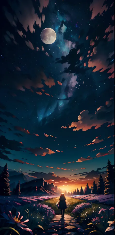 Expansive landscape photograph, (view from below with a view of the sky and the wilderness below), little girl standing in a flower field looking up, (full moon: 1.2), (shooting star: 0.9), (nebula: 1.3), distant mountain, tree break production art, (warm ...
