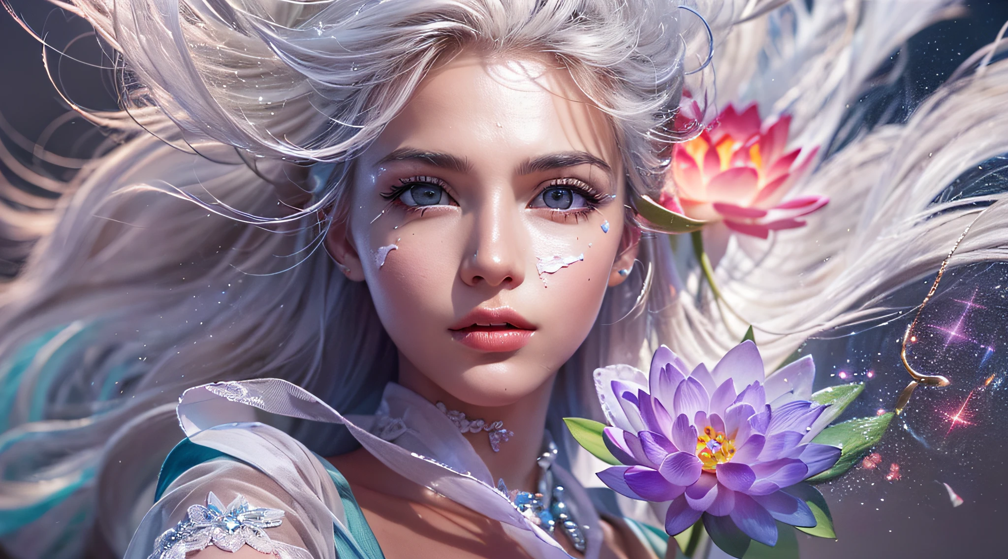 best quality, masterpiece, (realistic:1.2), 1 girl, detailed face, beautiful eyes, (masterpiece:1.2, best quality), (finely detailed beautiful eyes: 1.2), (extremely detailed CG unity 8k wallpaper, masterpiece, best quality, ultra-detailed, best shadow), (detailed background), (beautiful detailed face, beautiful detailed eyes), High contrast, (best illumination, an extremely delicate and beautiful),1girl,((colorful paint splashes on transparent background, Dulux,)), dynamic angle, beautiful detailed glow, full body, cowboy shot, white hair, purple eyes, best quality, masterpiece, (realistic:1.2), lotus flower, glowing, in the night sky, full of stars, very detail, ultra-high resolution, ultra-high quality,